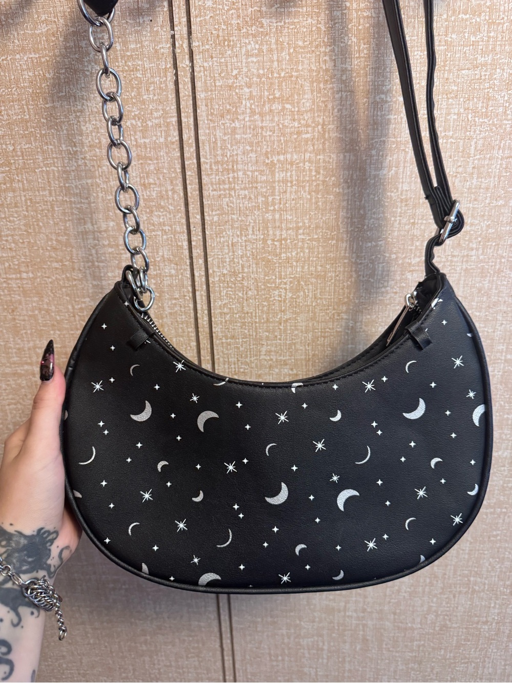 Black Crescent Moon Print Shoulder Bag